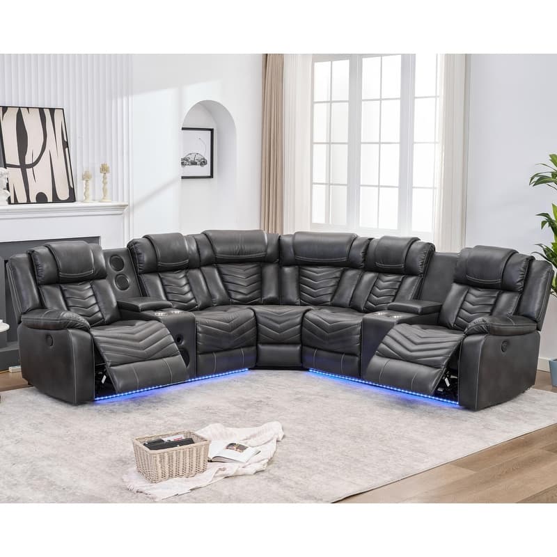 Comfort Stretch Black Faux Leather Power Reclining Sectional Sofa w/Bass Speaker LED Light USB Port,Cup Holder,Storage Console - Grey - Symmetrical