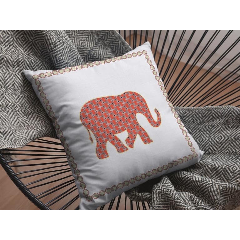 16" Orange White Elephant Zippered Suede Throw Pillow
