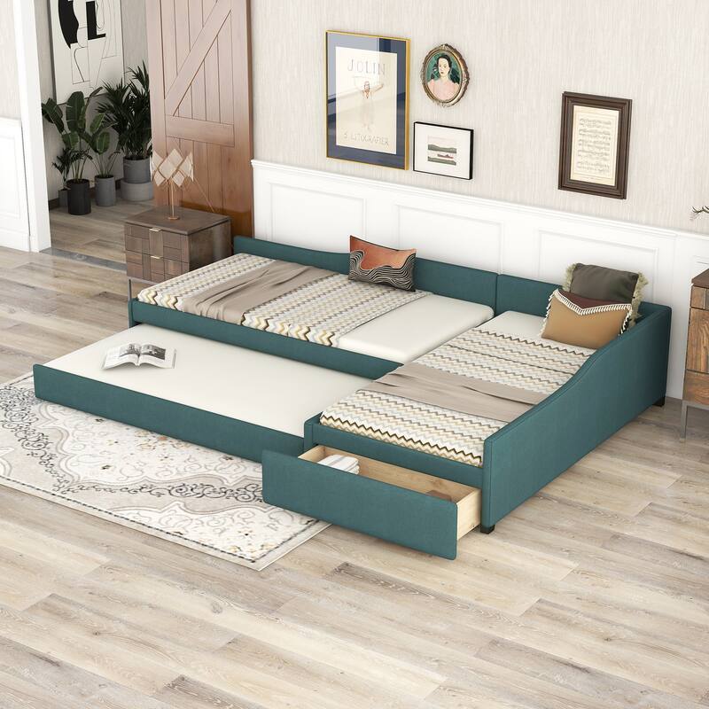 Double Twin Linen Daybed with Trundle & Drawer - Green