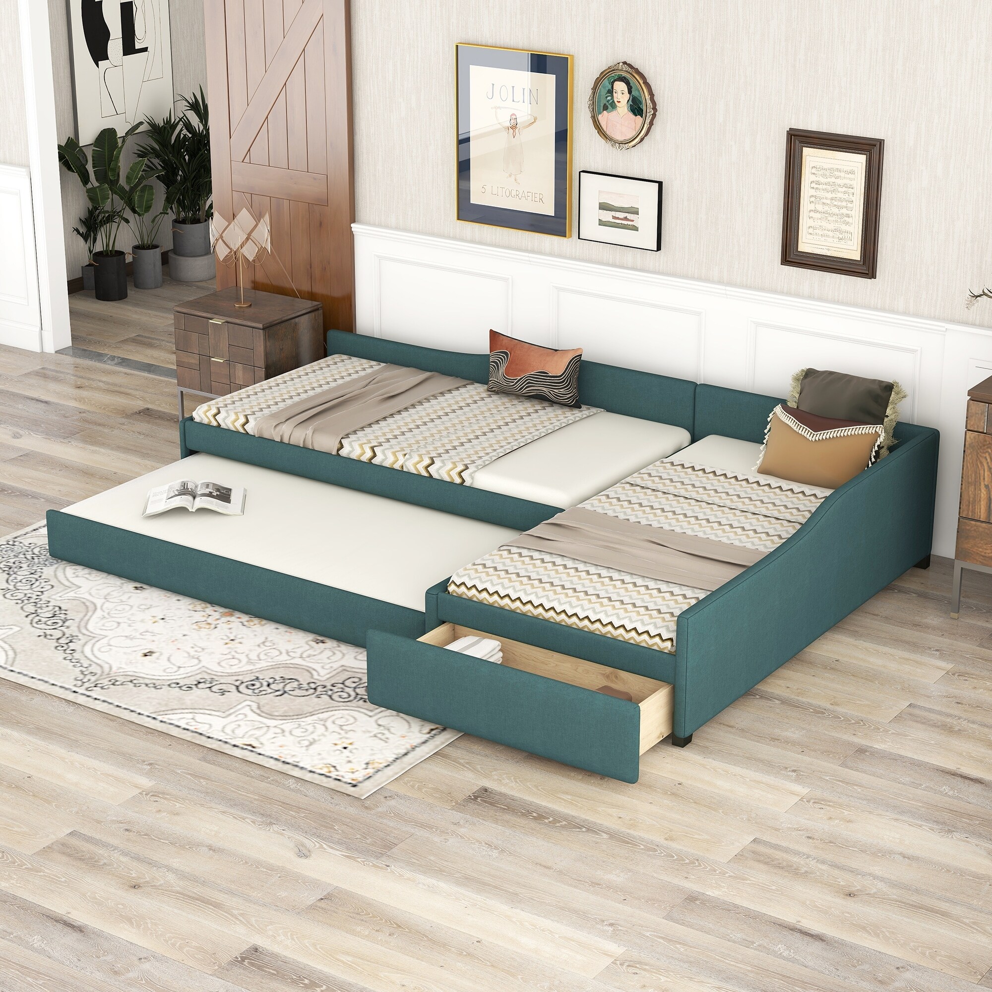 L Shaped Bed Upholstered Double Twin Size Daybed with Trundle Drawer and Wooden Slats No Box Spring Needed Green Bed Bath Beyond 37990294