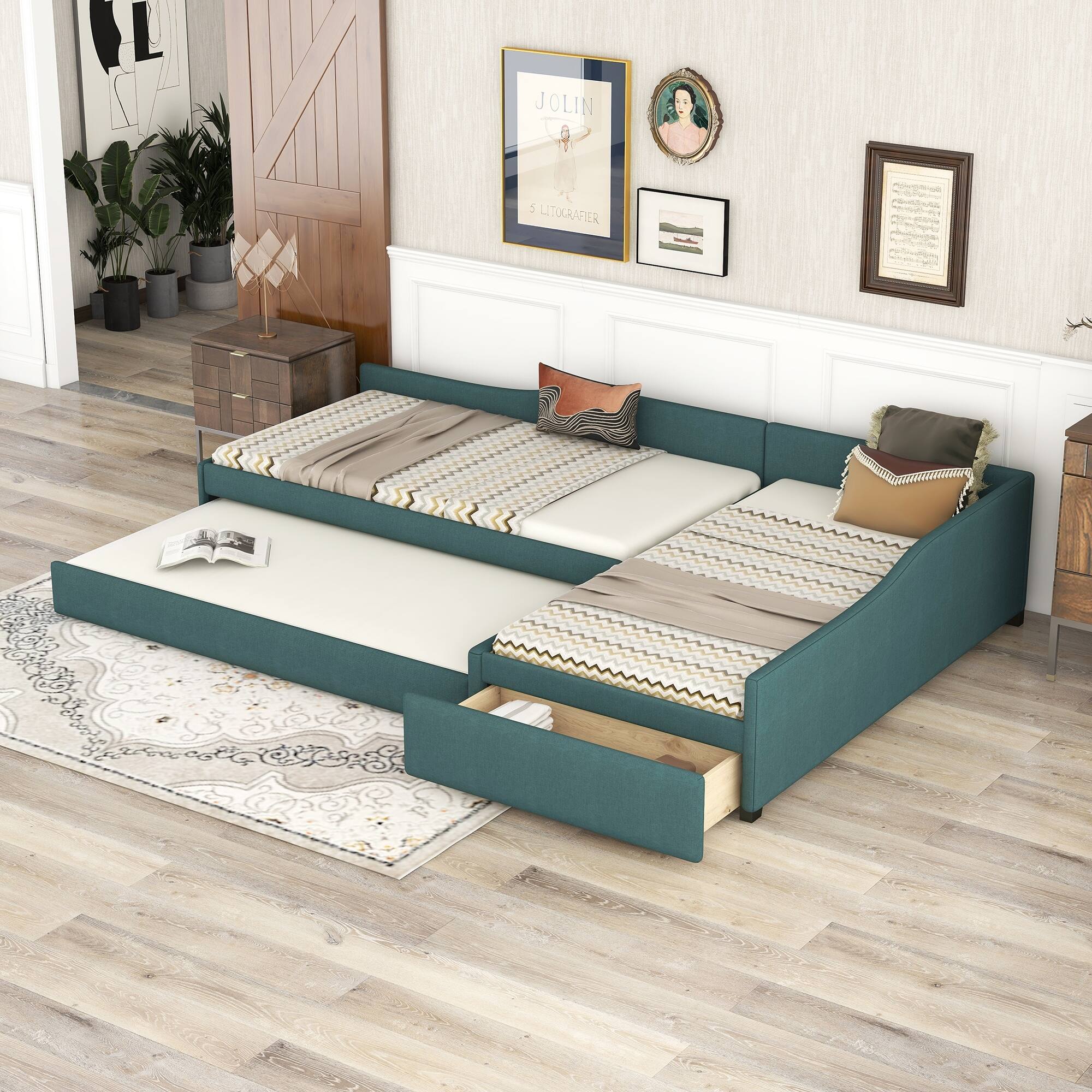 Upholstered Double Twin Size Daybed with Trundle and Drawer Sofa Bed