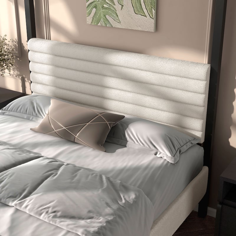 DH Basic Modern Metal Canopy Queen Platform Bed with Channel Tufted Upholstered Headboard by Denhour