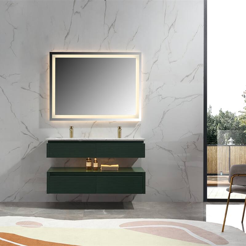 48 Inch Solid Wood Wall-Mounted Bathroom Vanity Set in Green/ White with Engineered Stone Top and Ceramic Sink