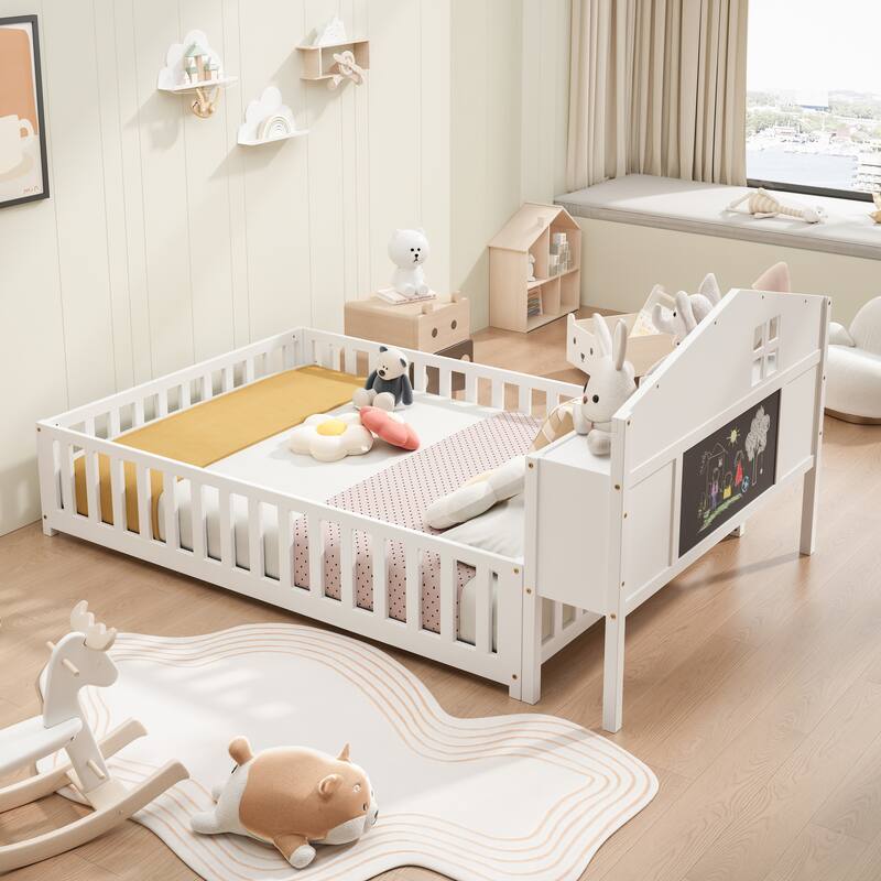 Full-size Montessori Floor Bed with Bookcases, Blackboards & Guardrails, Solid Wood Kids Platform Bed with Storage Headboard