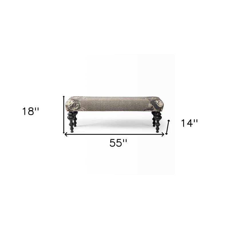 HomeRoots 55" Gray and Black Upholstered Cotton Blend Floral Distressed Bench - 55