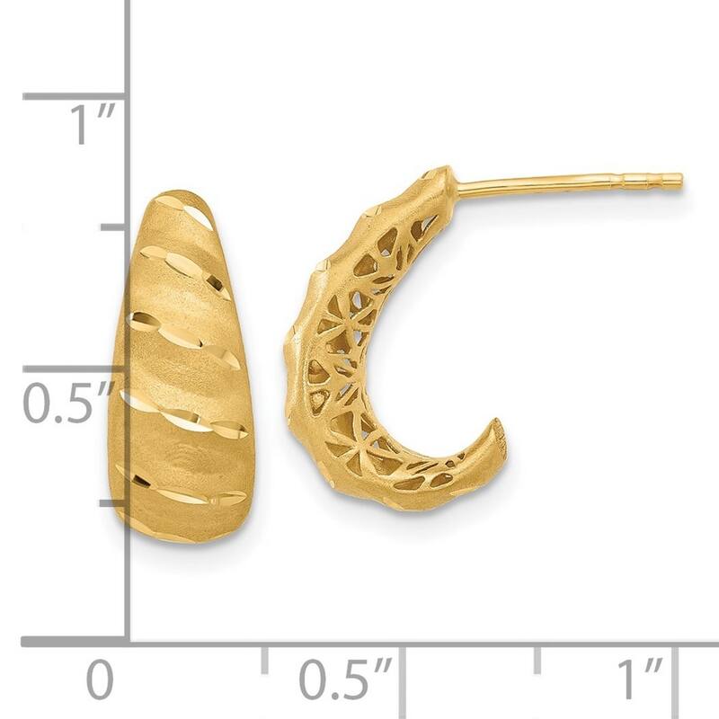 Curata 14k Yellow Gold 12x7mm Satin and Sparkle Cut J Hoop Earrings