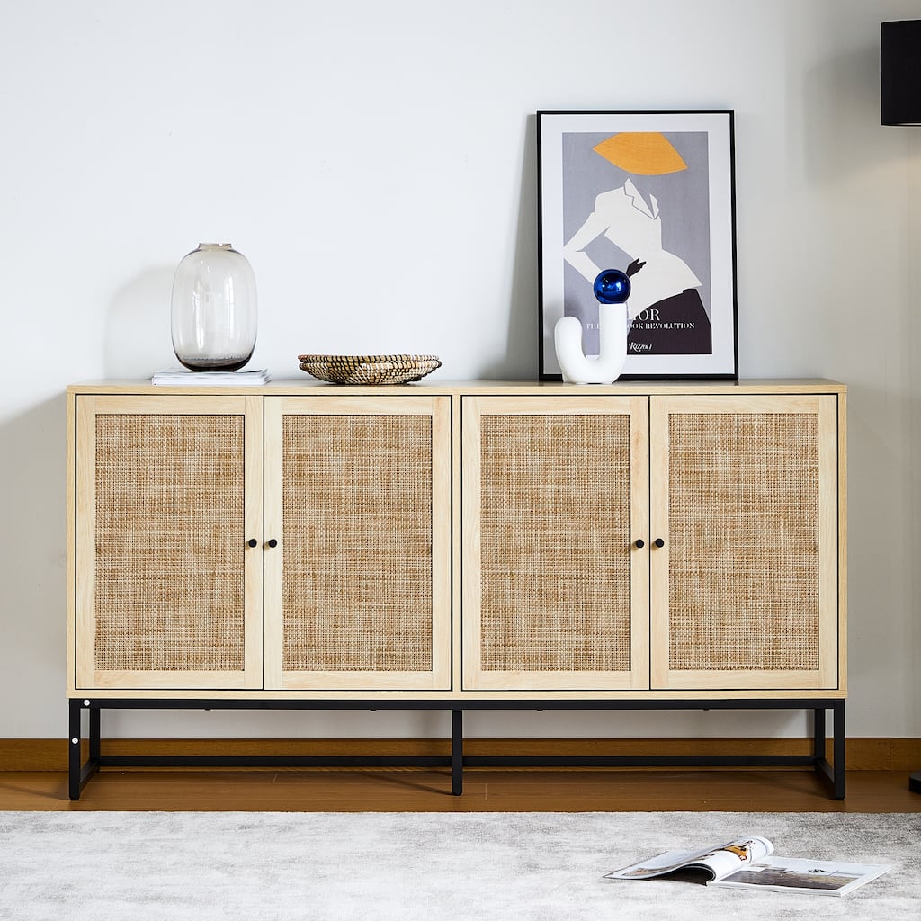 Wood Rattan 4-Door Buffet Sideboard With Storage