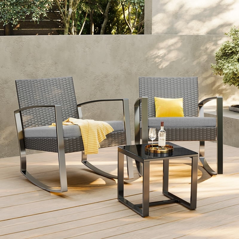 3 Pieces Wicker Patio Set Outdoor Rocking Bistro Patio Outdoor Furniture Rattan Sets with Cushion, Chair Set with Glass Table