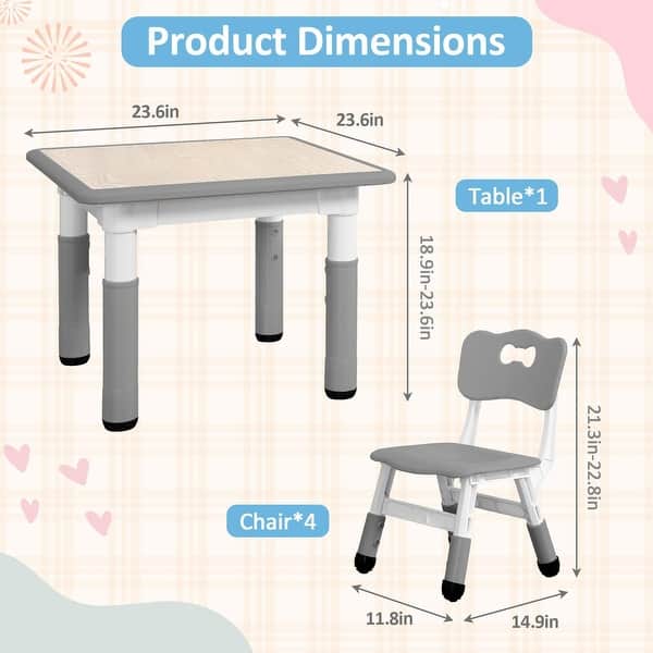 dimension image slide 4 of 5, Kids Table and Chairs Set, Height Adjustable Desk with 4 Seats for Ages 2-10