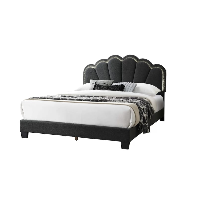 Madsy Full Bed, Gray Upholstered Fan-Shaped Headboard, Metallic Accents