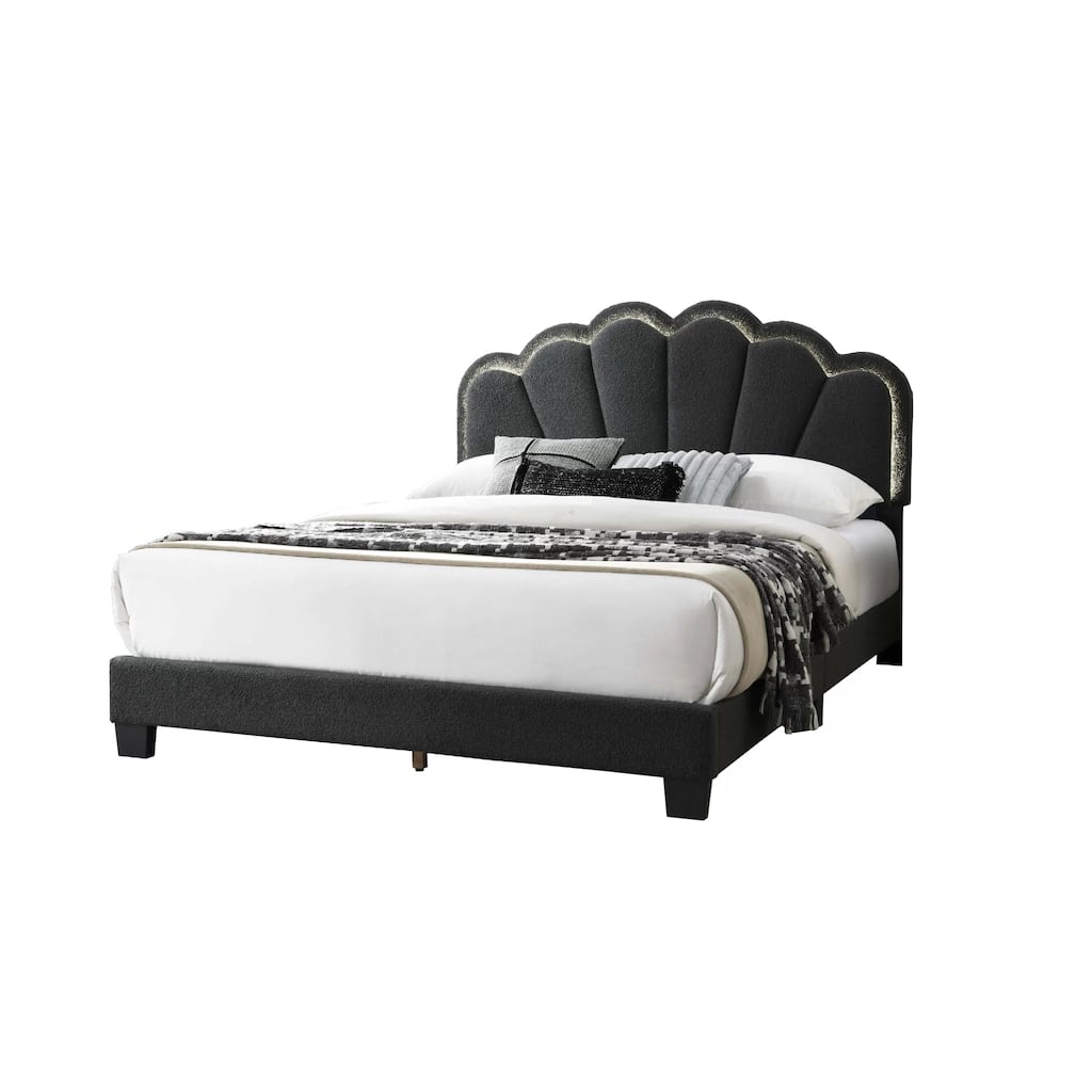 Madsy Full Bed, Gray Upholstered Fan-Shaped Headboard, Metallic Accents