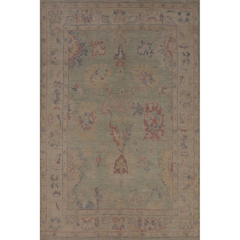 Light Green Oushak Vegetable Dye Turkish Area Rug Handmade Wool Carpet - 5'2"x 7'3"