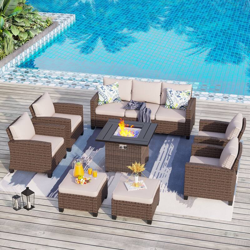 7/9-Seat Patio Furniture Wicker Rattan Outdoor High-back Sectional Sofa Conversation Set with Firepit Table