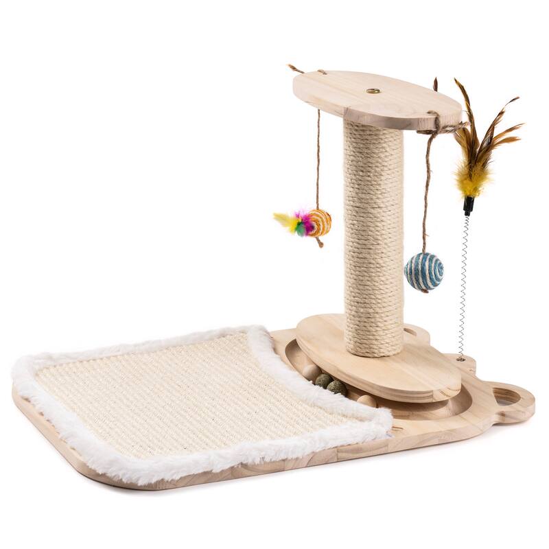 Cat Toy 1-Layer Turntable Cat Ball Toy with Feather Stick,Cat Toy with 5 Interactive Balls ,Cat Scratching Post with Mat