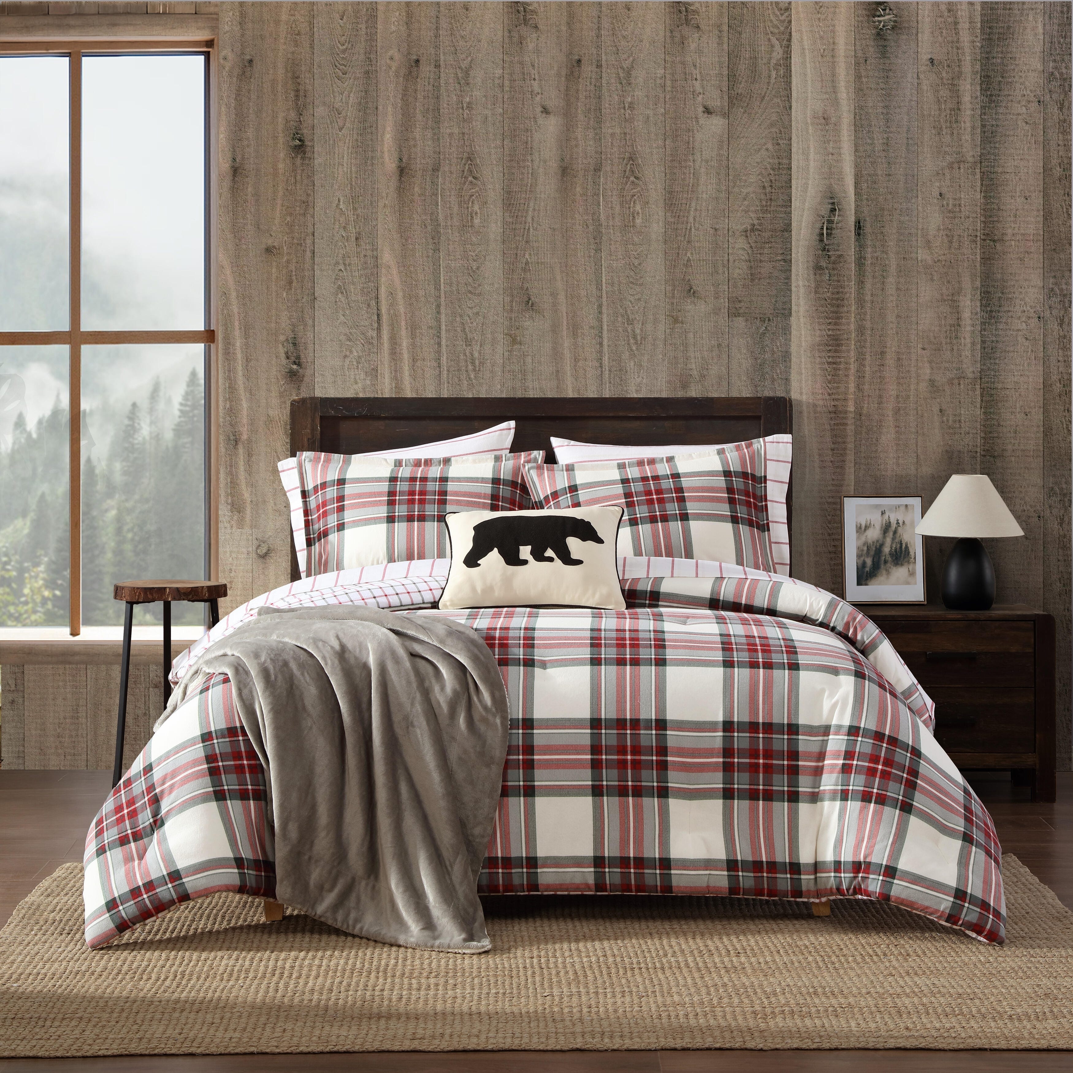 Eddie Bauer Serendipity Plaid Cotton Flannel Reversible Comforter (Red, 3 Piece Set)