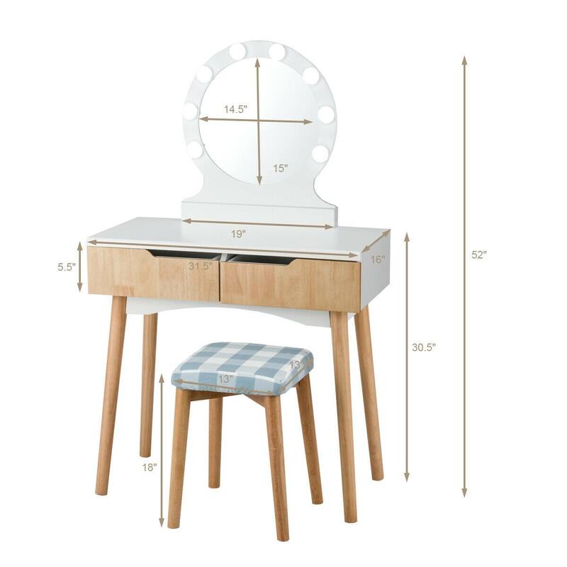 Dressing Table with Large Round Mirror and 8 Light Bulbs for Bedroom - 31.5" x 16" x 52" (L x W x H)