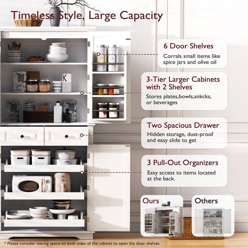 71"Tall Kitchen Pantry Cabinet with 3 Pull Out Cabinet Organizers,Embossed Texture Storage Cabinet with 6 Door Shelves,2 Drawers