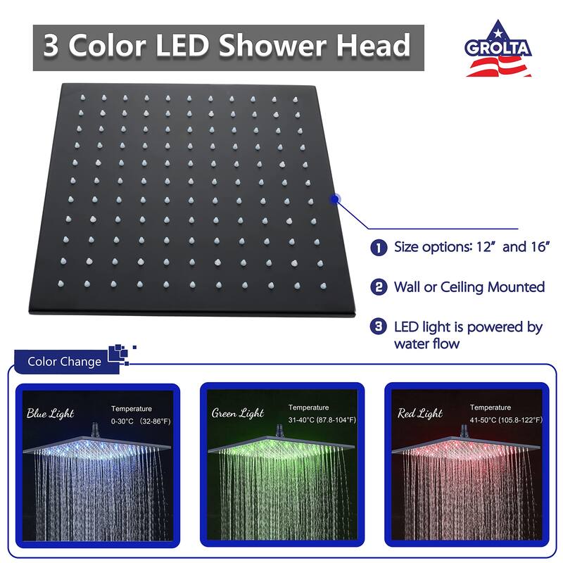 16" LED Wall Mount Rainfall 3 Way Thermostatic Shower System with Slide Bar, 6 Jets