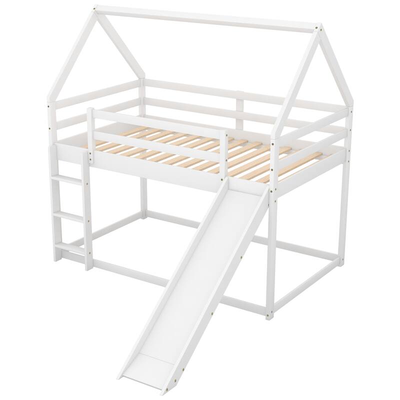 Twin Size House Bunk Bed with Slide and Ladder in White