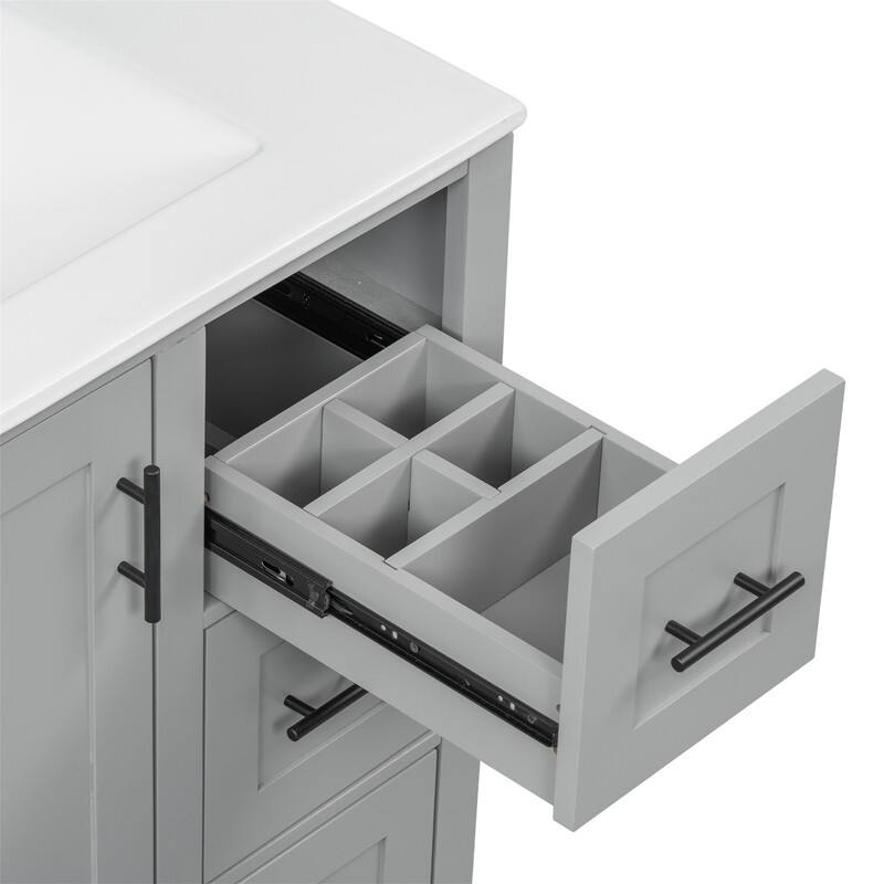 30'' Bathroom Vanity with Ceramic Sink, Freestanding Bathroom Vanity Cabinet with 3 Drawers, 1 Soft Close Door and Storage Rack