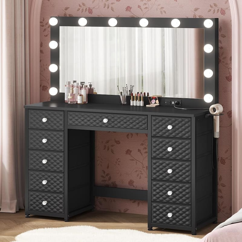 Vanity with Extra Large Mirror and Lights Power Strip 3 Color Modes - Black