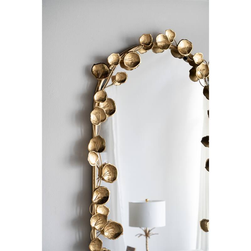 Full Length Arched Wall Mirror with Golden Leaf Accents