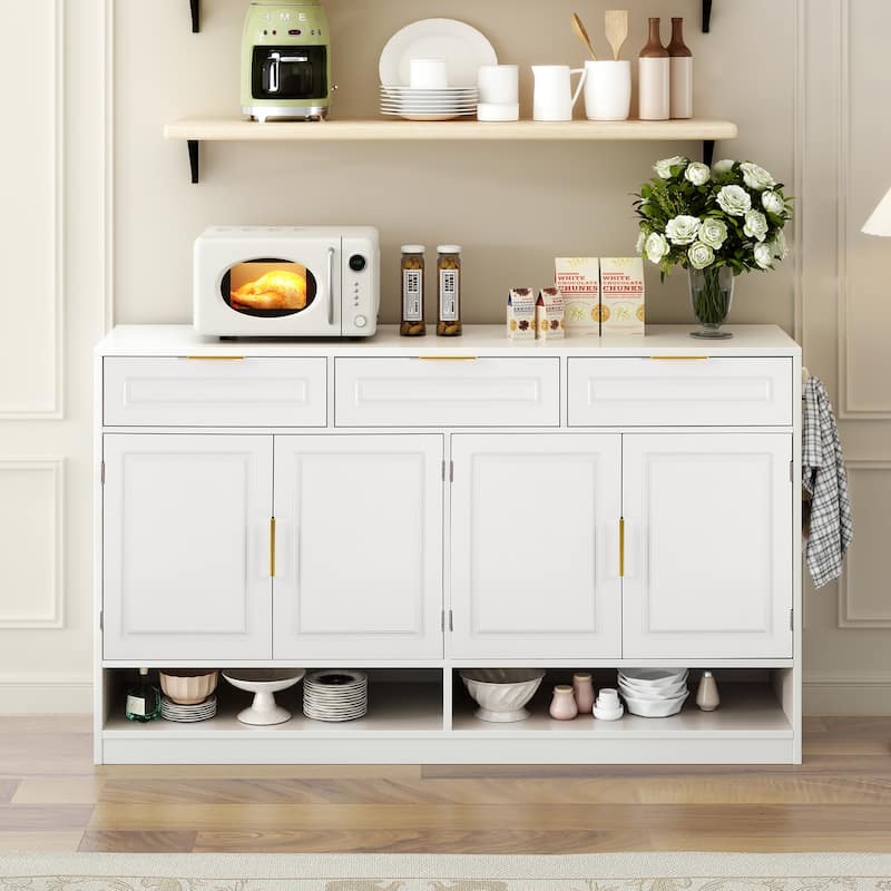 Sideboard with 4 Doors & 3 Drawers, Buffet Cabinet with Adjustable Shelf & Open Shelf, Multi-Functional Wooden Storage Cabinet - White