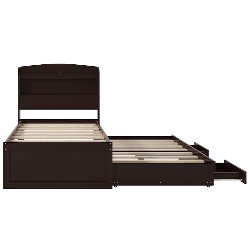 Twin XL Size Solid Wood Platform Bed with Storage LED Headboard, Charging Station & 2 Drawers, Pull-out Trundle Bed for Bedroom