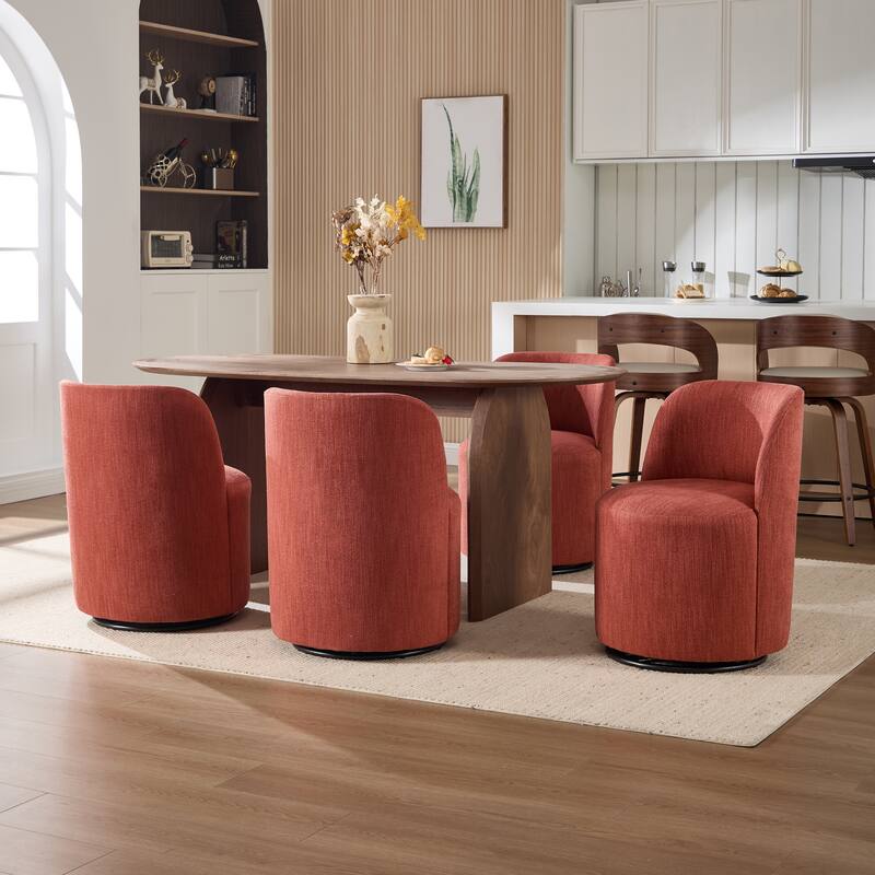 Set Of 1 Upholstered Barrel Chair, Mid Century Modern Round Linen Dining Chair, 360 Degree Swivel Side Chair for Dining Room