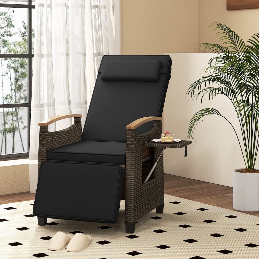 Adjustable Rattan Recliner Chair with Black Cushion and Foldable Side Table for Outdoor Use - 31"-56" x 24" x 41.5"-28.5"