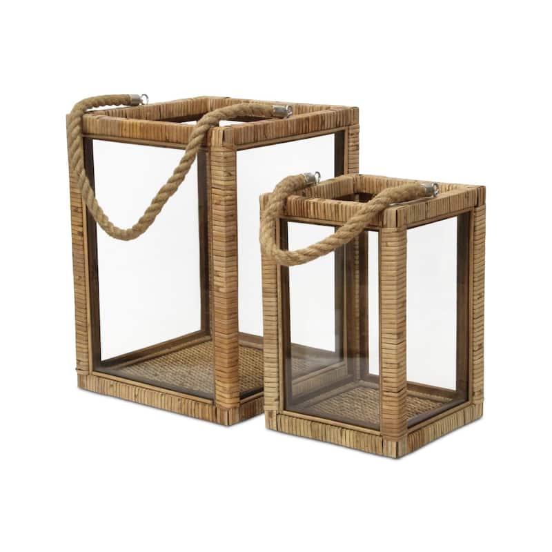 Rattan Wrapped Wooden Candle Lantern - 15" - Set of 2