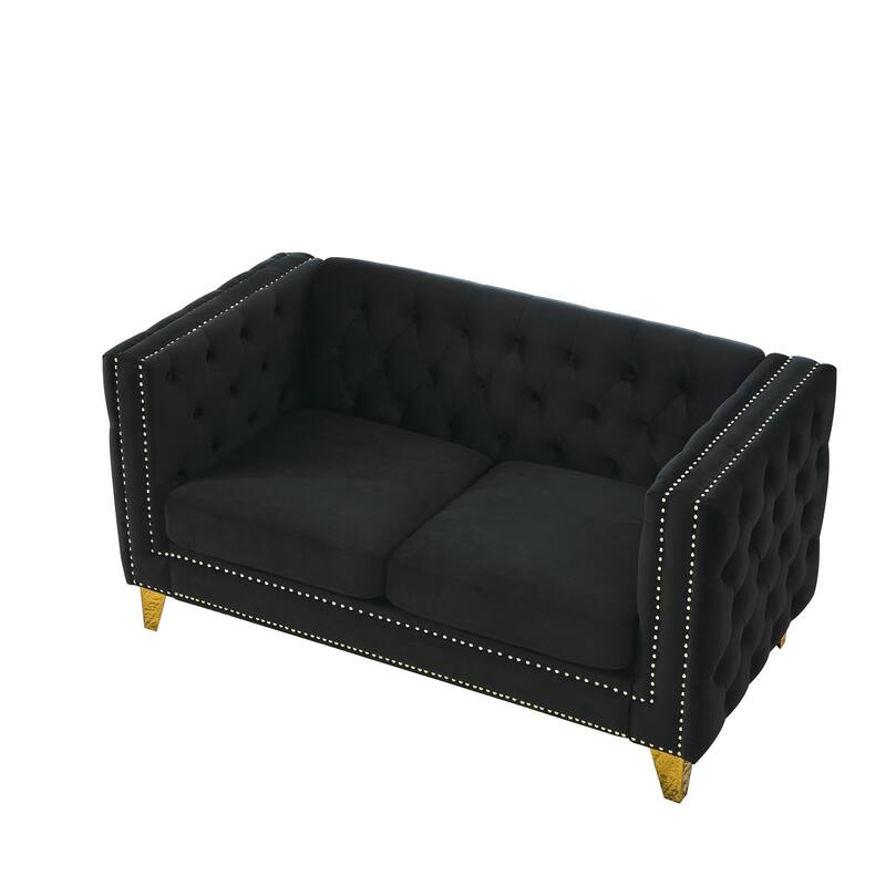 Modern 2-Seat Velvet Sofa with Nailhead Trim, Button Tufting, and Metal Legs