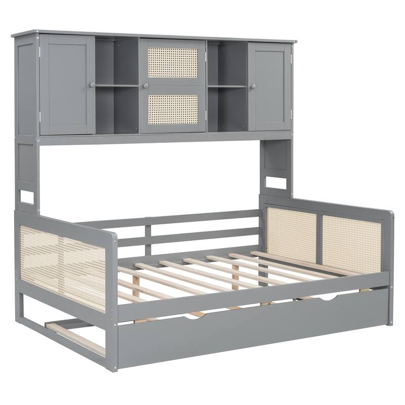 Twin Daybed with Roll-Out Trundle, Storage Shelves & Cabinet, Sturdy Wood Construction
