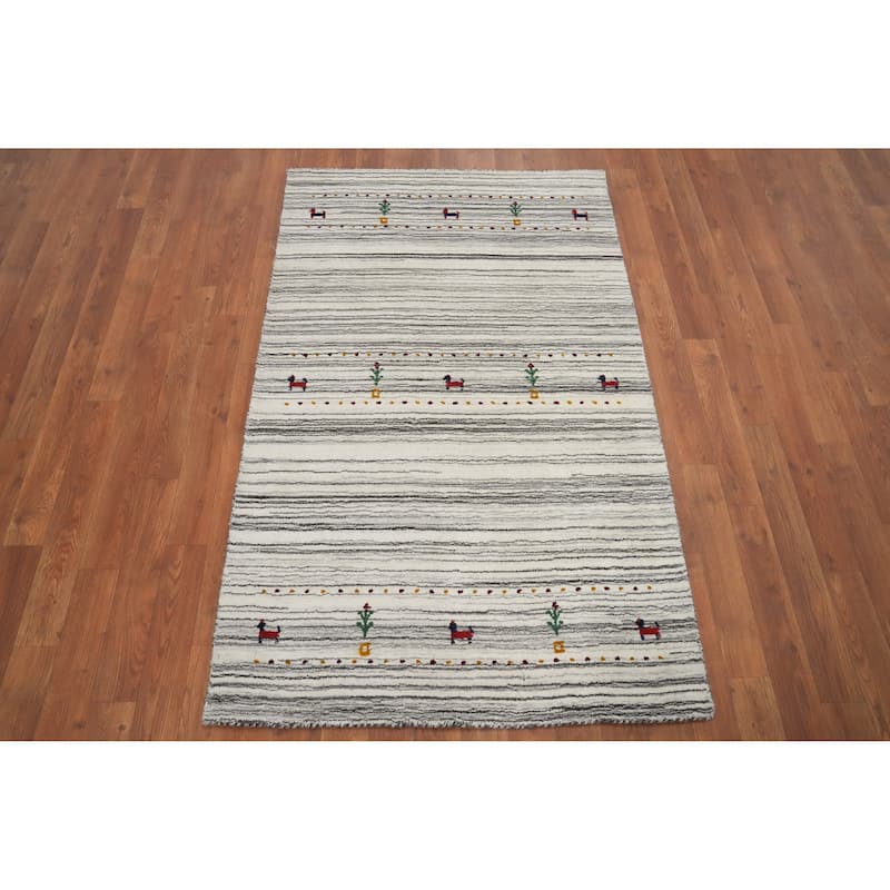 Hand Knotted Oriental 100% Wool Carpet Tribal Animal Pictorial Beige & Ivories Gabbeh Area Rug - 4' 11'' X 3' 0''