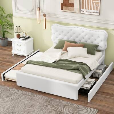 Full Size Linen Upholstered Platform Bed with Storage Drawers and Trundle, Button & Nailhead Trim Headboard Design