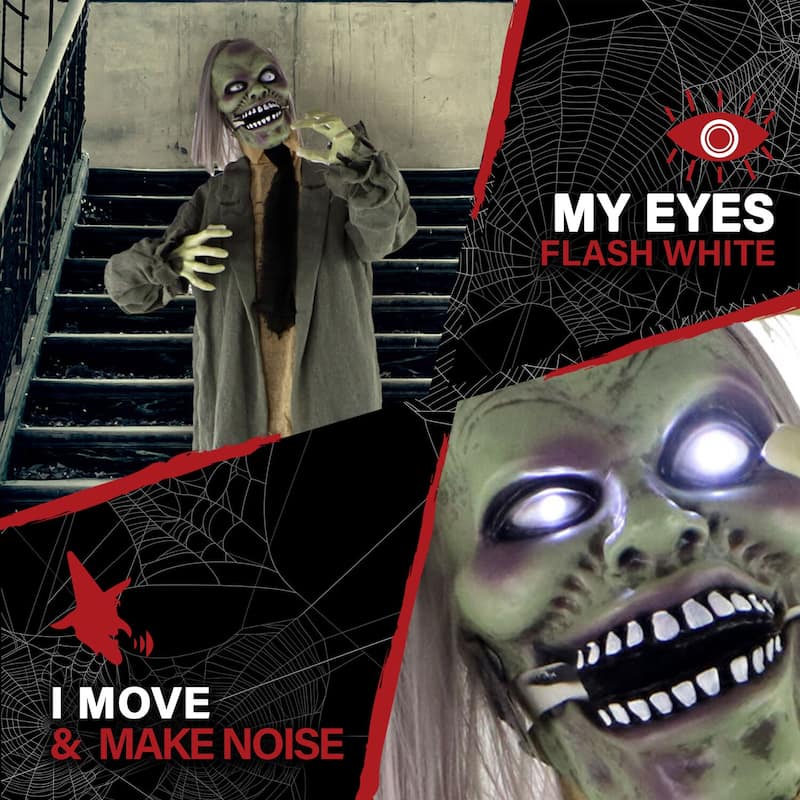 Haunted Hill Farm Life-Size Animatronic Zombie with Lights and Sound, Indoor or Covered Outdoor Halloween Decoration