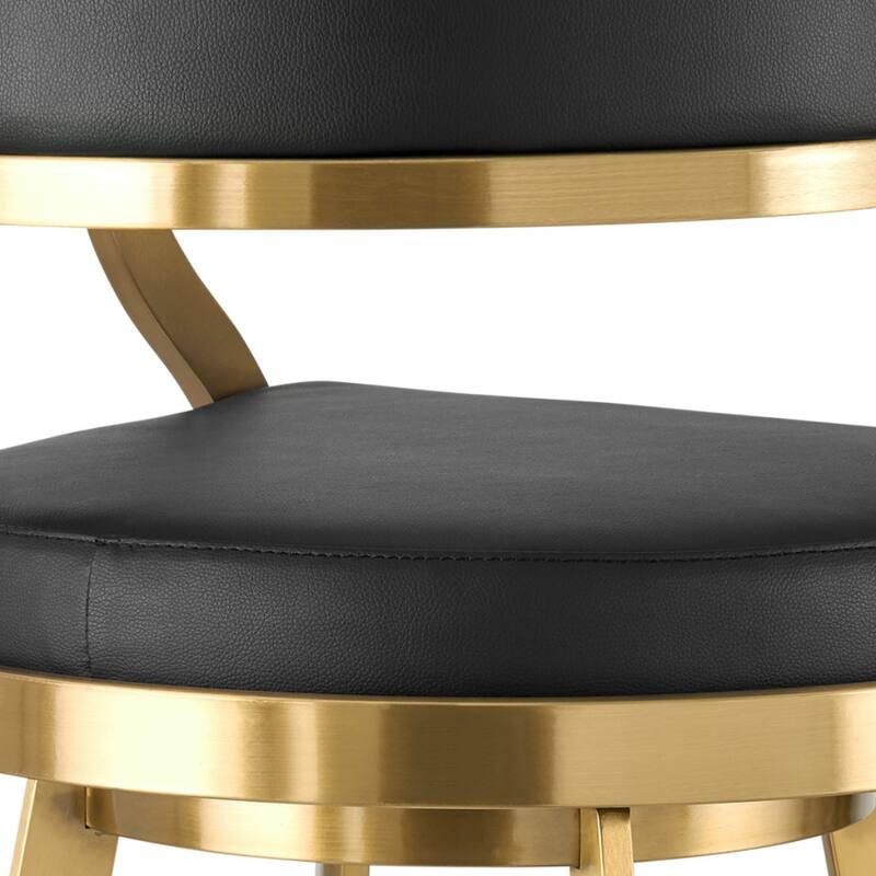 Black Faux Leather Bar Height Chair with Gold Frame, Swivel and Armrests - 20.5” x 21” x 42” (D x W x H)