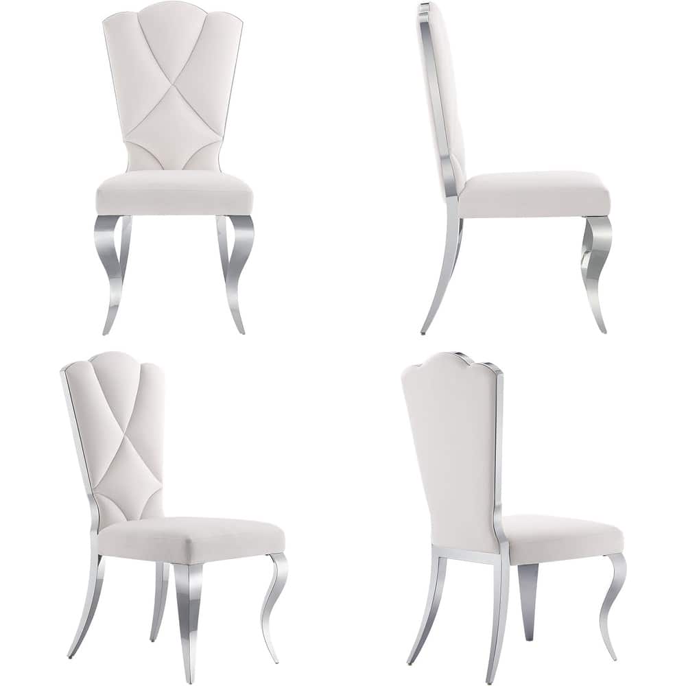 Modern Gorgeous High Back Dining Chairs White Velvet Upholstered Dining Room Chairs with Silver Metal Legs