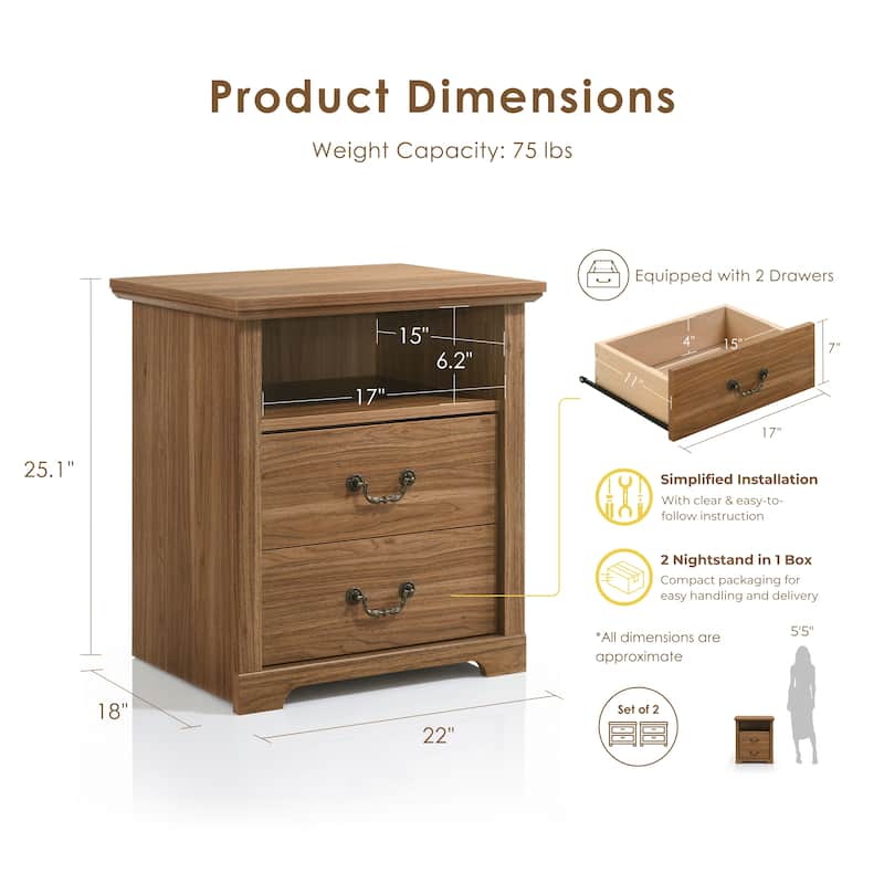 247 Shop At Home Marie 2-Drawer Set of 2 Nightstands with Open Storage Shelf