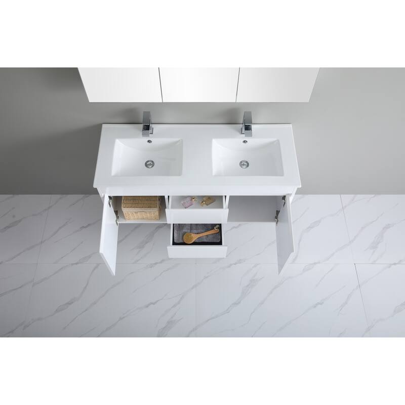 CB HOME 24"/30"/36"/48"/60" Pure White Bathroom Vanity, Floating Wall Mounted Cabinet w/ Integral Ceramic Sink Basin Countertop