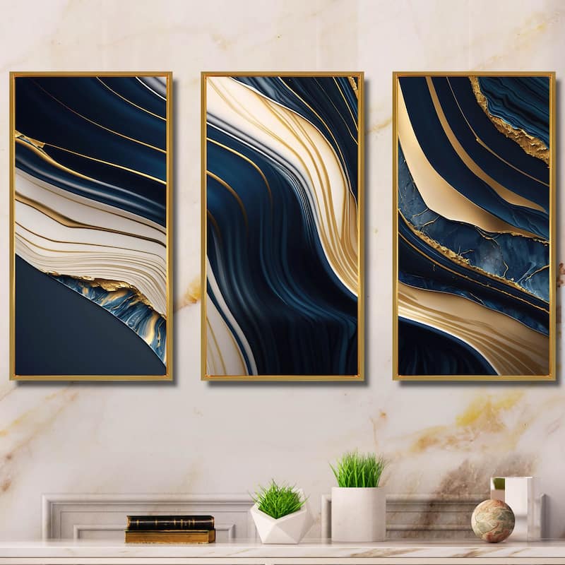 Designart "Abstract Geode Waves Blue And Gold II" Modern Waves Framed Canvas Art Print - 3 Panels