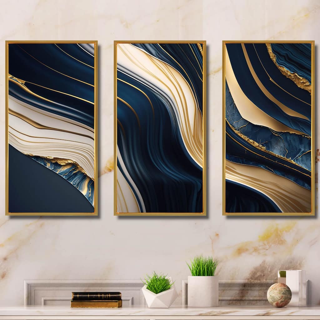 Designart "Abstract Geode Waves Blue And Gold II" Modern Waves Framed Canvas Art Print - 3 Panels