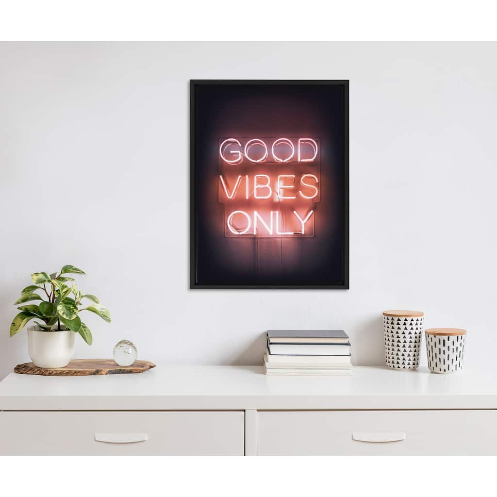 Kate and Laurel Sylvie Good Vibes Only Neon Sign Framed Canvas by The Creative Bunch Studio