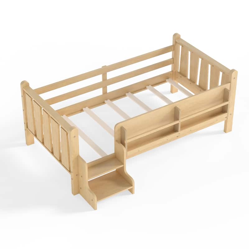 Full/Twin Floor Bed with Storage Bookcases & Cute Stairs - Solid Wood Kids Bed, No Box Spring