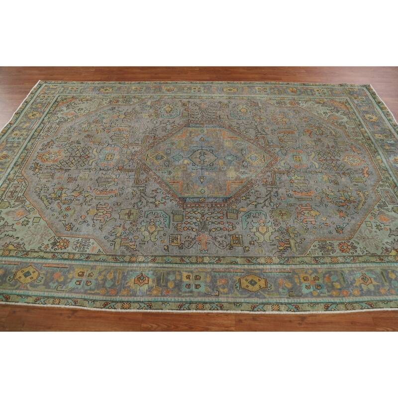 Hand Knotted Oriental 100% Wool Carpet Traditional Medallion Greys & Charcoal Tabriz Area Rug - 9' 9'' X 6' 5''