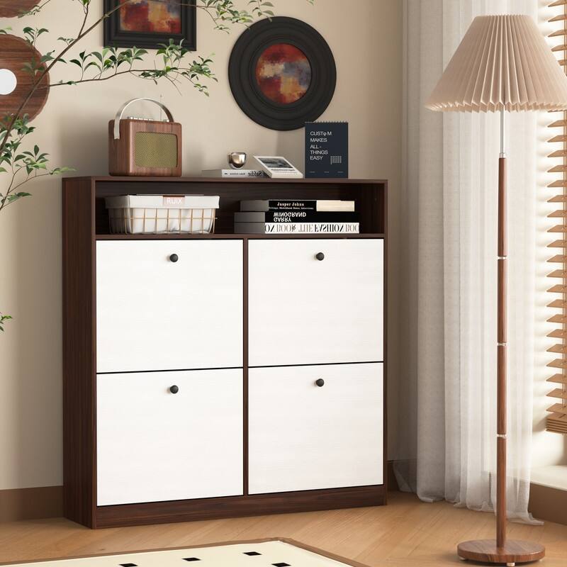 Slim 4-Door Flip Shoe Cabinet with Top Shelf & Anti-Tip Safety Feature