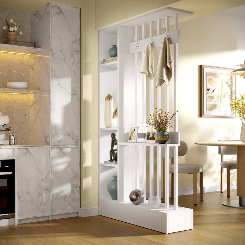 71" Wall Room Divider with Shelves & Coat Hooks