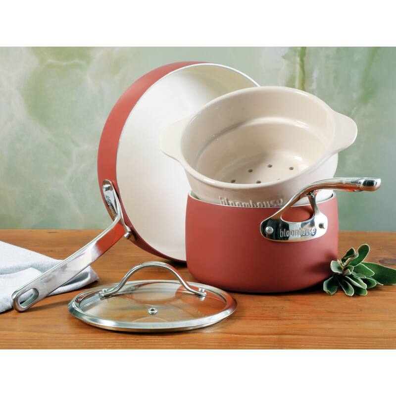 Bloomhouse 4-Piece Aluminum Cookware Set w/ Non-Stick Non-Toxic Ceramic Interior and Ceramic Steamer Insert