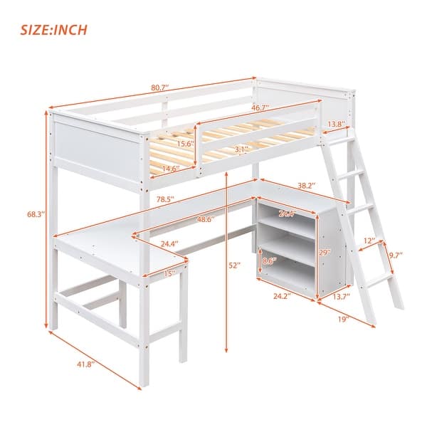 dimension image slide 1 of 3, Modern Twin Size Wooden Loft Bed With Shelves and Desk,Solid Construction