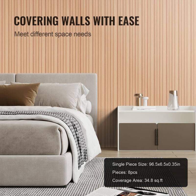 34.8 Sq Ft WPC Acoustic Wall Panels 8 Pieces Fire-Resistant Slat Design for Soundproof Room Decor - 96.5" x 6.5" x 0.35"